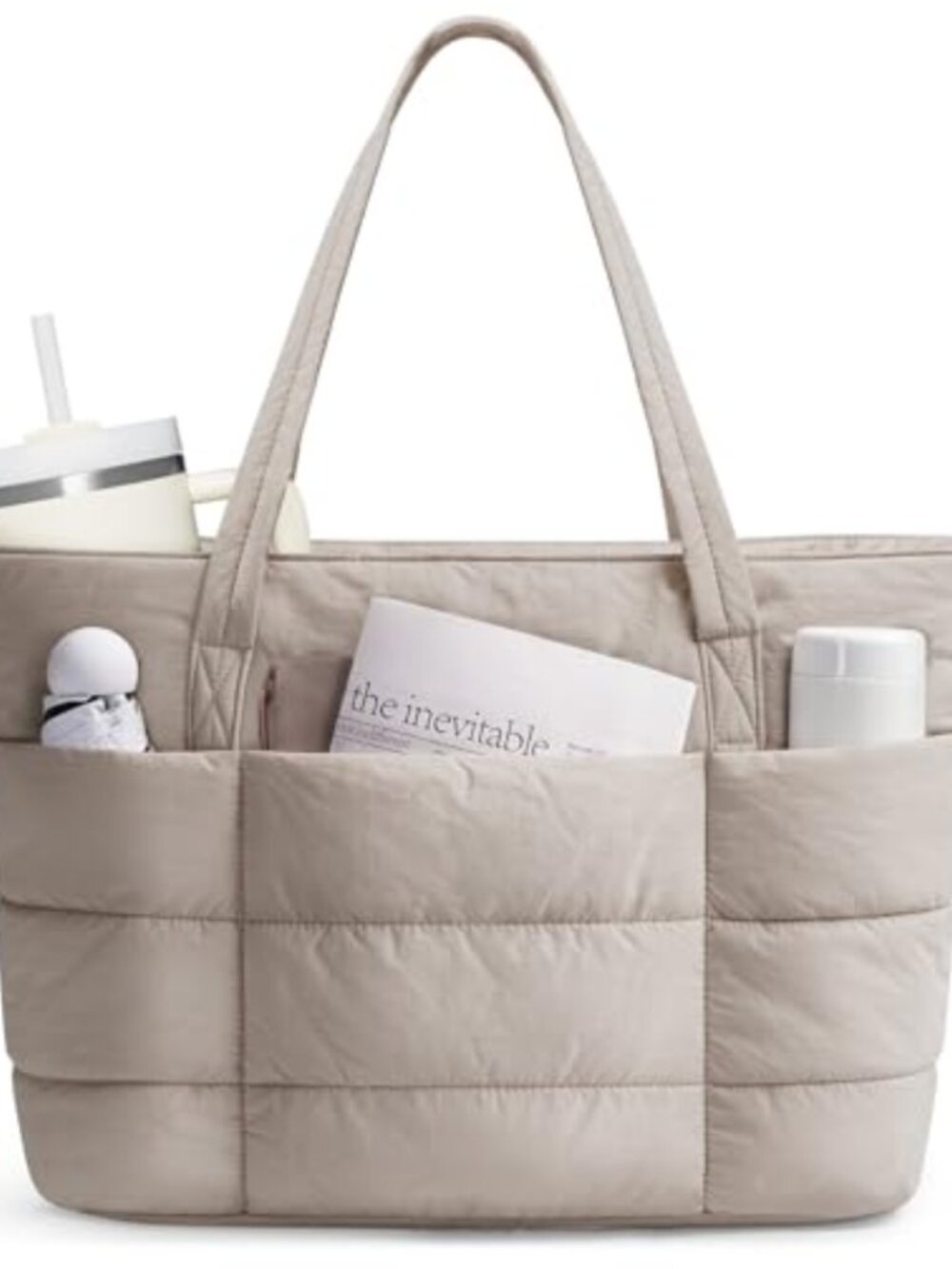 Nylon Puffer Tote Bag Women Work Travel Laptop Compartment Cup Holder